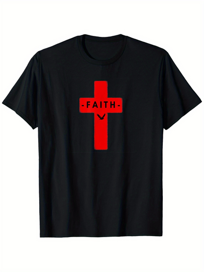 Men's Graphic T-Shirt Faith Red Cross Minimalist Symbol On Black Shirt