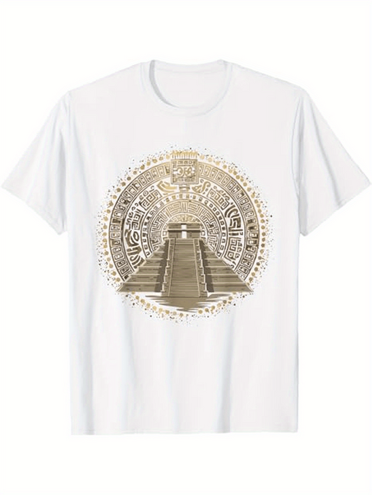 Men's Graphic T-Shirt Ancient Gold Circular Sun Pattern With Stone Temple Among Mystical Symbols Pyramid