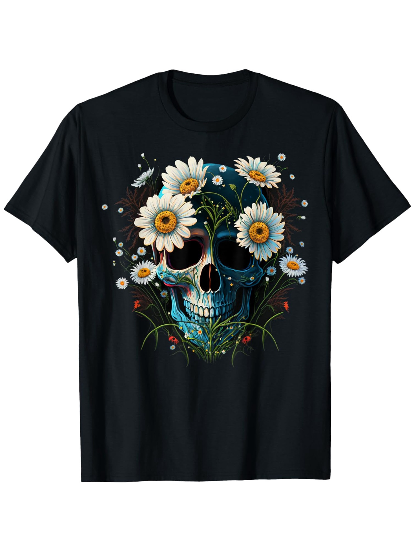 Men's Graphic T-Shirt Daisy Flowers Blooming With Greenery And Gentle Skull