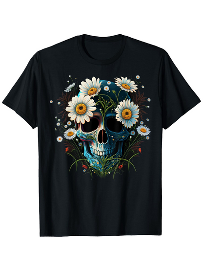Men's Graphic T-Shirt Daisy Flowers Blooming With Greenery And Gentle Skull
