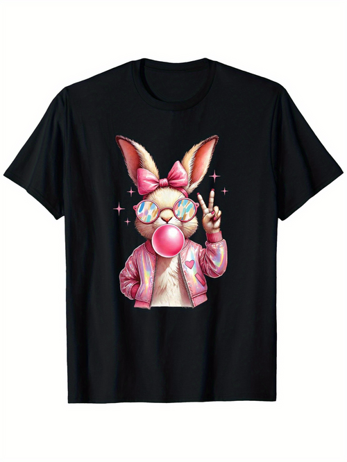 Men's Graphic T-Shirt Retro Pink Jacket Bunny Blowing Bubble Gum With Sunglasses