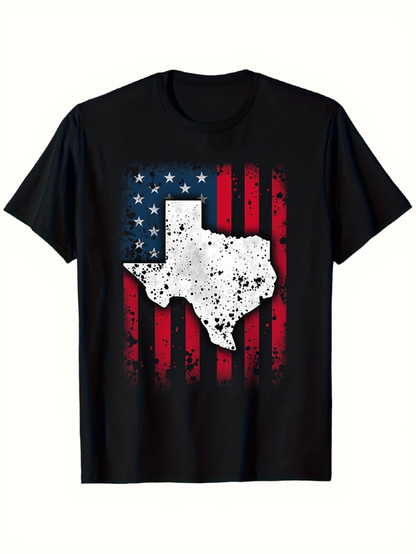 Men's Graphic T-Shirt Weathered American Flag With Grunge Look And White Texas State Map