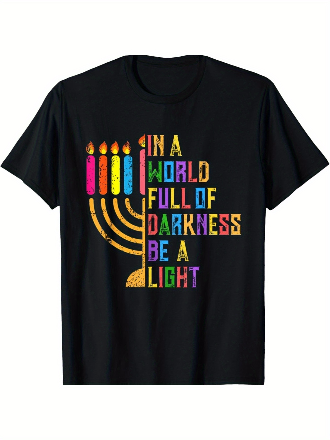 Men's Graphic T-Shirt Colorful Menorah With Shining Candles And Positive Message Light