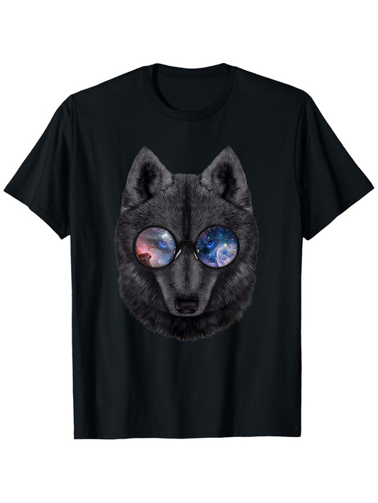 Men's Graphic T-Shirt Vivid Universe Reflected In Sunglasses Over Majestic Wolf Head