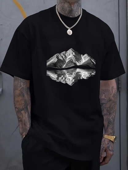 Men's Graphic T-Shirt Serene Black Reflections With Snowy Peaks And Glimmering Mountainscape