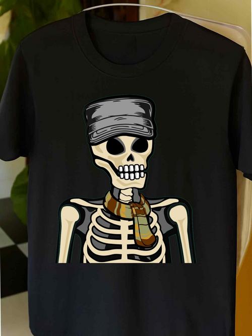 Men's Graphic T-Shirt Grinning Skeleton With Steampunk Scarf And Shiny Metal Hat Skeleton