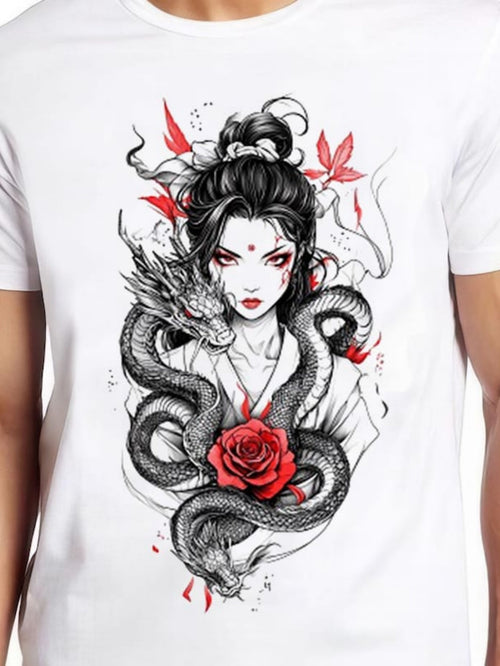 Men's Graphic T-Shirt Red Rose Surrounded By Black Scaly Dragon With Mysterious Woman