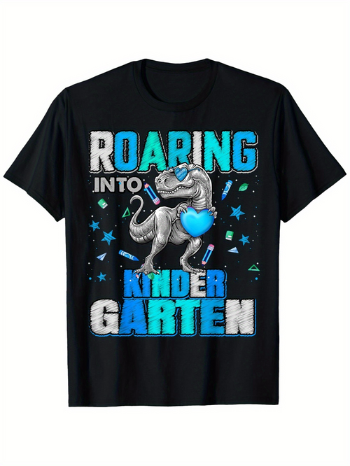 Men's Graphic T-Shirt Roaring Into Kindergarten Neon Blue Heart Dinosaur Among Stars
