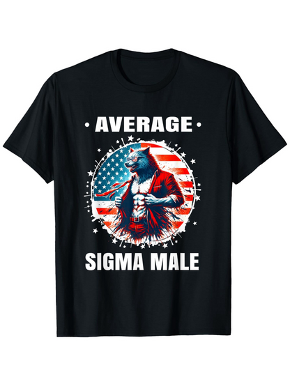 Men's Graphic T-Shirt Average Sigma Male Stylized Patriotic Wolf Against American Flag Background