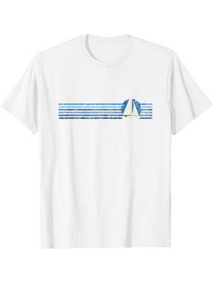 Men's Graphic T-Shirt Stylish Blue Lines With Sailboat On Calm Waters