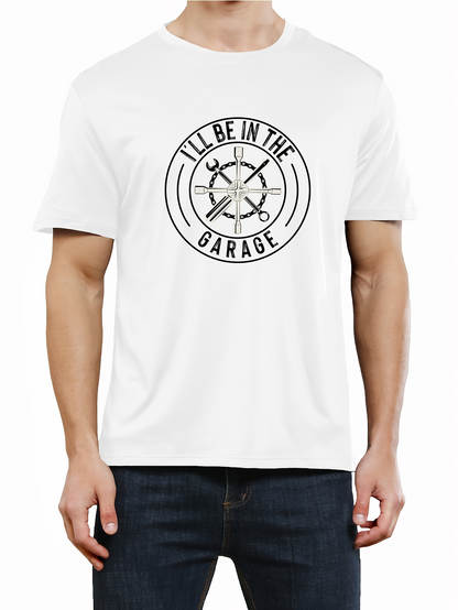 Men's Graphic T-Shirt Ill Be In The Garage With Mechanics Tools Among Circular Workshop Wheels