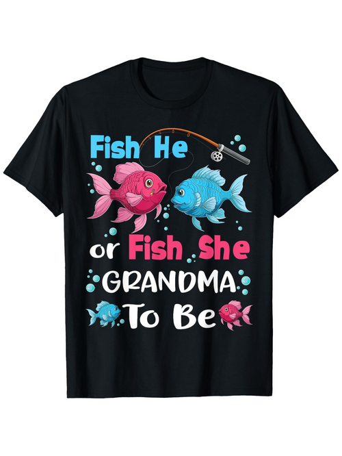 Men's Graphic T-Shirt Fish He Or Fish She Grandma To Be Underwater Fish With Fishing Rod Bubbles