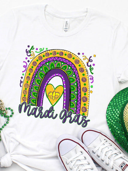 Women's Graphic T-Shirt Mardi Gras Festive Doodles With Gold Heart And Playful Rainbow