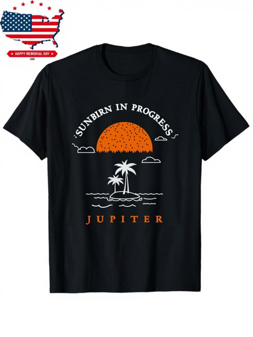 Men's Graphic T-Shirt Sunburn In Progress Orange Sunset With Tropical Palm Island Jupiter