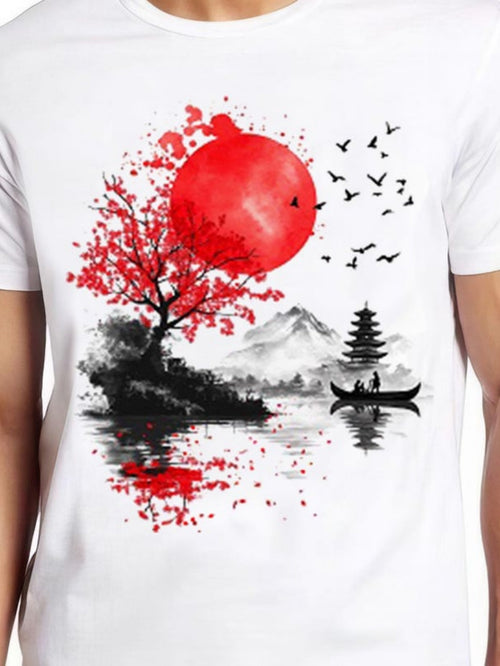 Men's Graphic T-Shirt Tranquil Watercolor Scene With Blossoming Tree Red Sun And Mountain Reflections