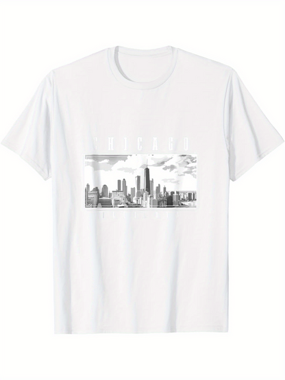 Men's Graphic T-Shirt Chicago City Skyline With Distant Clouds Over Tall Modern Buildings
