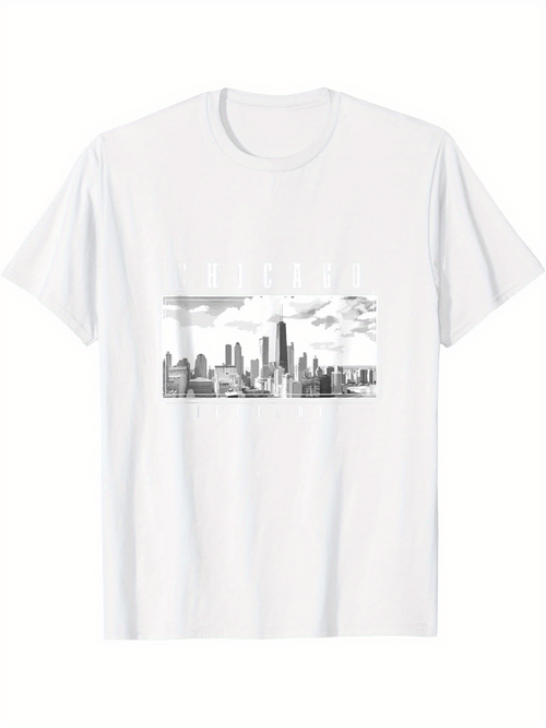 Men's Graphic T-Shirt Chicago City Skyline With Distant Clouds Over Tall Modern Buildings