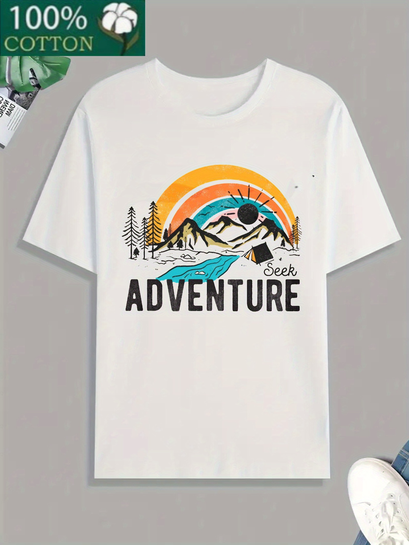 Men's Graphic T-Shirt Adventure Majestic Mountains Under Colorful Sunset With Evergreen Pine Trees