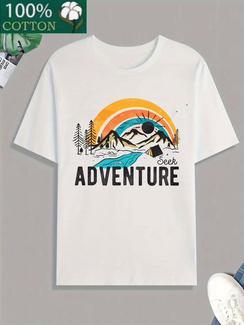 Men's Graphic T-Shirt Adventure Majestic Mountains Under Colorful Sunset With Evergreen Pine Trees