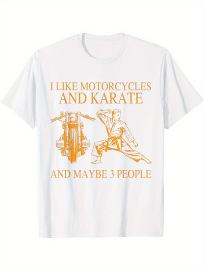 Men's Graphic T-Shirt I Like Motorcycles And Karate With Man Practicing Kicks Beside Motorcycle