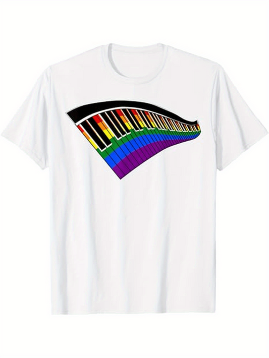Men's Graphic T-Shirt Colorful Rainbow Pattern With Wavy Design Across The Front Piano Keyboard