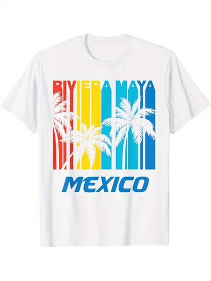 Men's Graphic T-Shirt Riviera Maya Mexico Bright Retro Stripes With Palm Trees