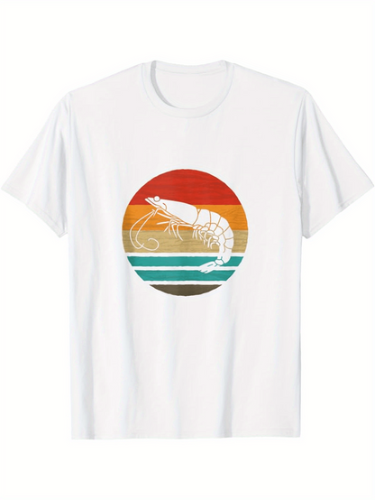 Men's Graphic T-Shirt Vintage Sunset With Ocean Waves Surrounding A Detailed Shrimp