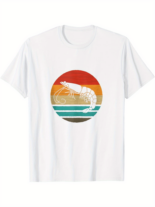 Men's Graphic T-Shirt Vintage Sunset With Ocean Waves Surrounding A Detailed Shrimp