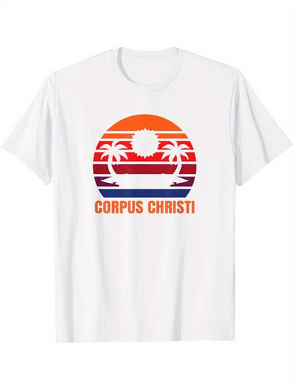 Men's Graphic T-Shirt Corpus Christi Sunset Palms With Vibrant Stripes And Setting Sun Beach