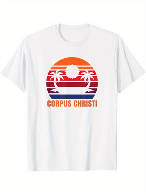 Men's Graphic T-Shirt Corpus Christi Sunset Palms With Vibrant Stripes And Setting Sun Beach