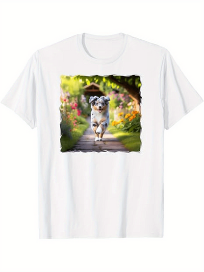 Men's Graphic T-Shirt Playful Dog Running Along A Sunlit Garden Pathway