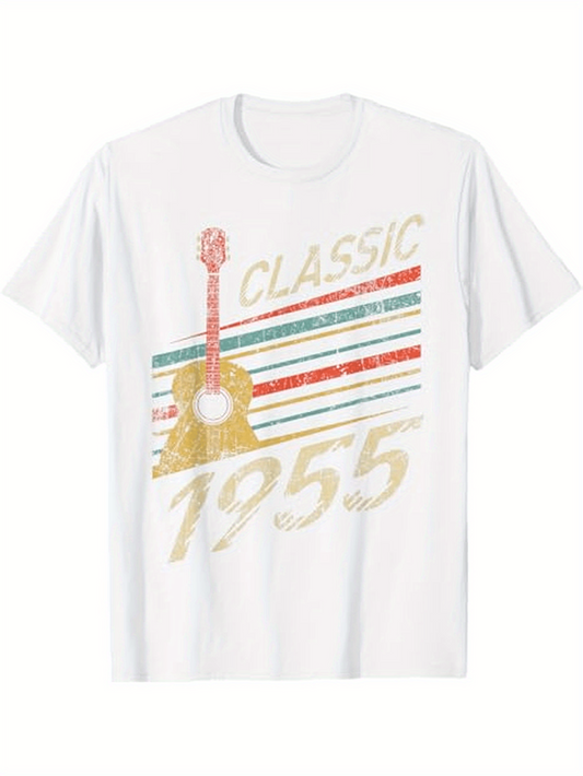 Men's Graphic T-Shirt Classic 1955 Vintage Guitar With Colorful Retro Striped Backdrop