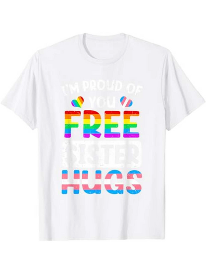 Men's Graphic T-Shirt Colorful Pride Stripes With Rainbow Lettering On Classic White Hugs Shirt