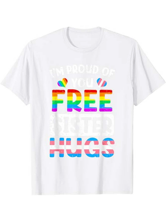 Men's Graphic T-Shirt Colorful Pride Stripes With Rainbow Lettering On Classic White Hugs Shirt