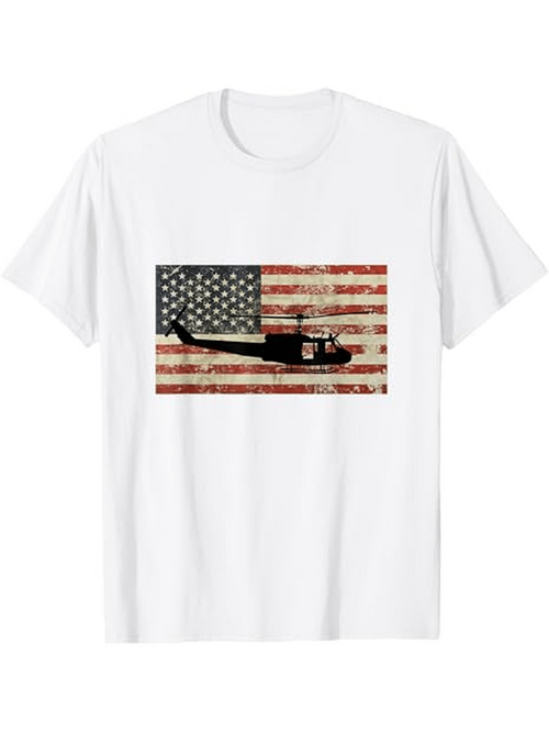 Men's Graphic T-Shirt Vintage American Flag With Helicopter Flying Under Blue Sky Sunset