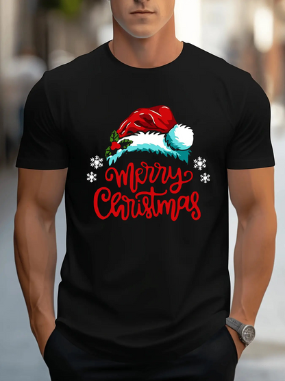 Men's Graphic T-Shirt Merry Christmas Festive Holiday Cheer With Santa Hat And Snowflakes