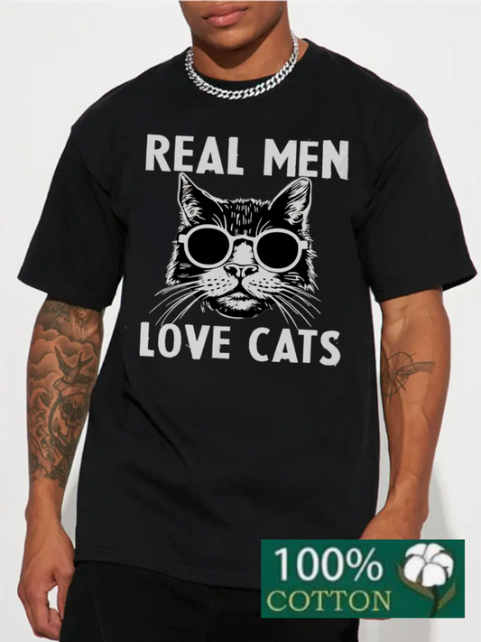 Men's Graphic T-Shirt Real Men Love Cats Cool Sunglasses Wearing Playful Sketch Cat