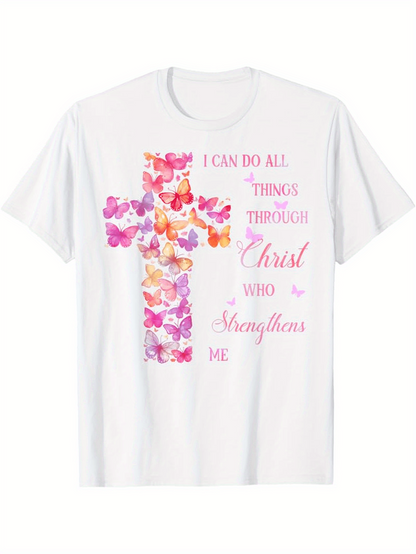 Men's Graphic T-Shirt I Can Do All Things Through Christ With Butterflies And Vibrant Watercolor Cross