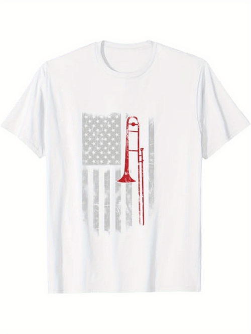 Men's Graphic T-Shirt Patriotic Grey Stripes With Red Trombone Over Subtle Star Flag Trombone