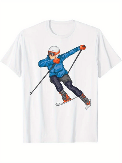 Men's Graphic T-Shirt Dynamic Motion With Snowy Landscape Skilled Alpine Skier In Blue Jacket