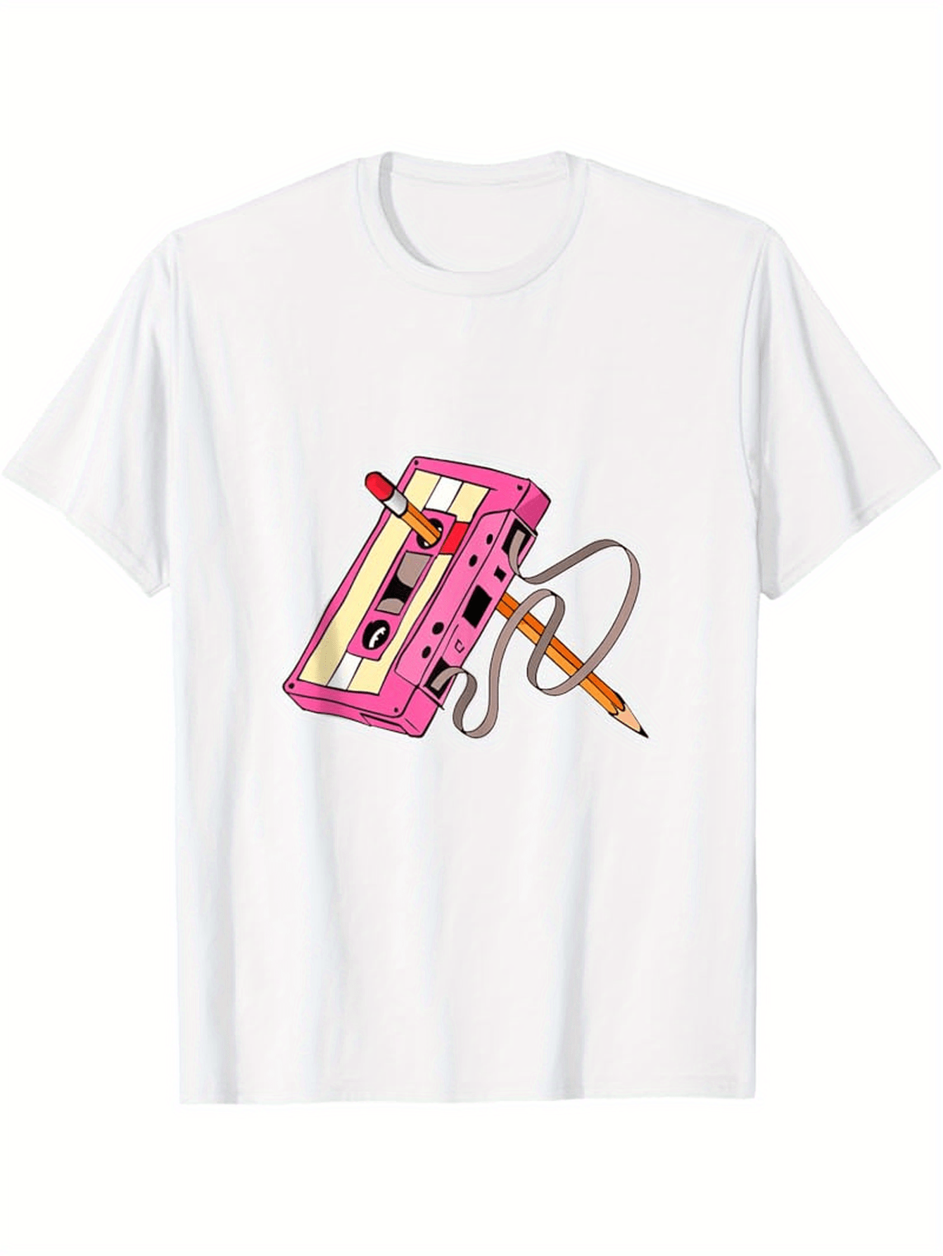 Men's Graphic T-Shirt Retro Pink Cassette Tape Winding With Pencil Under Hand Drawn Style
