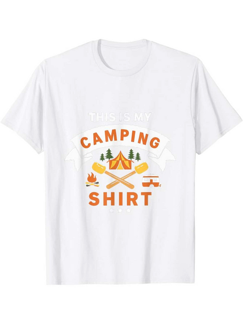 Men's Graphic T-Shirt Camping Shirt With Tent Trees Campfire Marshmallow Sticks And Compass