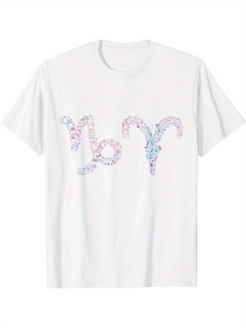 Men's Graphic T-Shirt Colorful Floral Pattern Forming Zodiac Aries Symbol