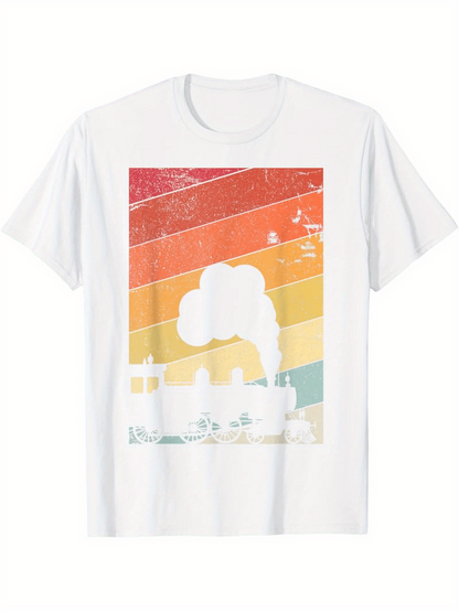 Men's Graphic T-Shirt Retro Striped Background With Silhouette Factory And Billowing Smoke