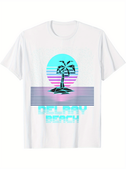 Men's Graphic T-Shirt Delray Beach Retro Blue Sunset With Palm Tree Design