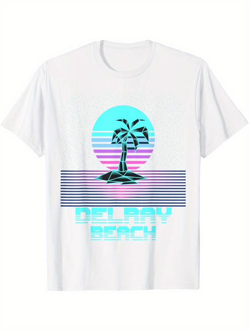 Men's Graphic T-Shirt Delray Beach Retro Blue Sunset With Palm Tree Design