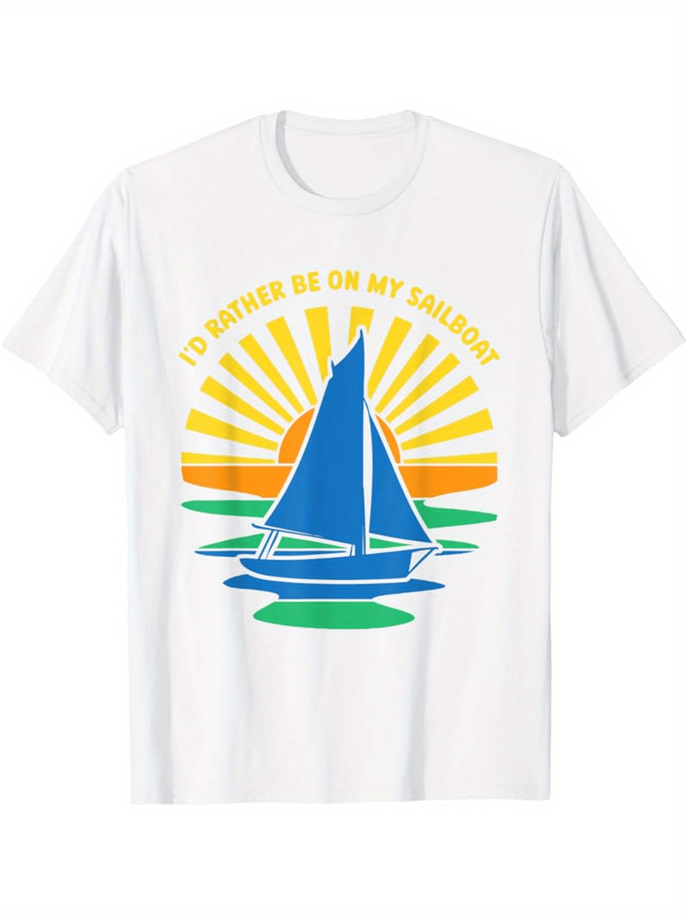 Men's Graphic T-Shirt Sunrise Reflections With Blue Sailboat Among Calm Ocean Waves Sailboat