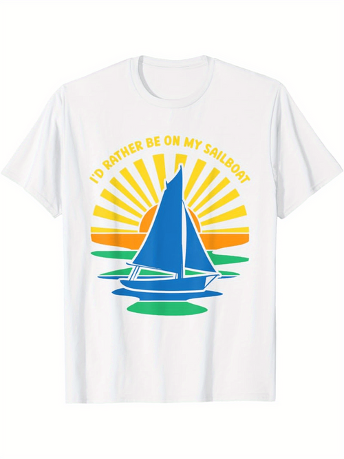 Men's Graphic T-Shirt Sunrise Reflections With Blue Sailboat Among Calm Ocean Waves Sailboat