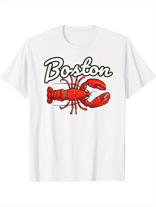Men's Graphic T-Shirt Boston Bold Red Lobster Under Curved Script Lettering Lobster