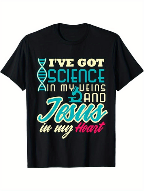 Men's Graphic T-Shirt Ive Got Science In My Veins And Jesus In My Heart With Dna Strand And Microscope Motif